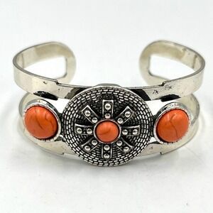 VTG Silver Tone Western Southwestern Cuff Bracelet Faux Coral‎ Orange Sunburst